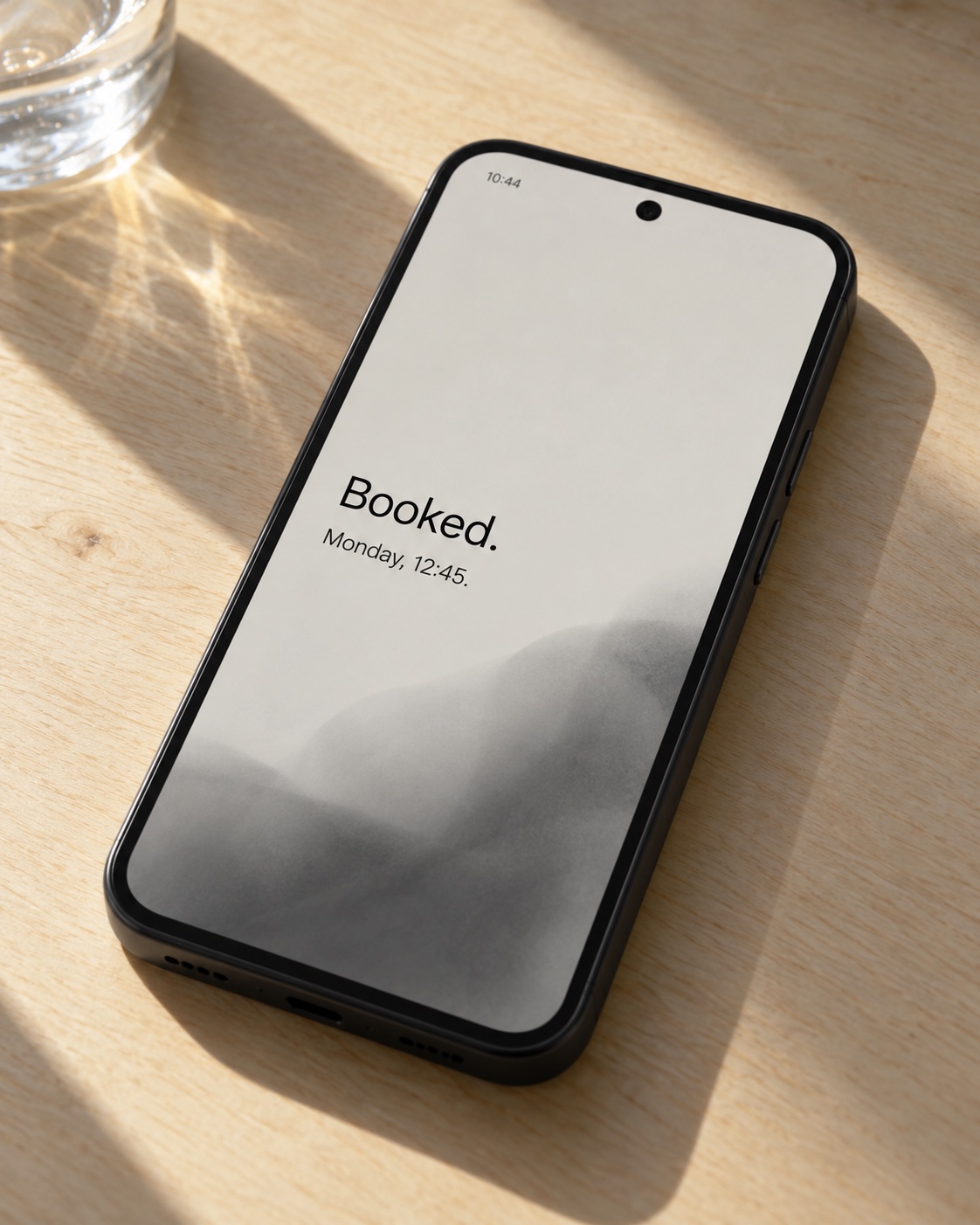 Concept visual of a graphite phone on sunlit birch, showing a completed booking on Pale’s minimal screen.