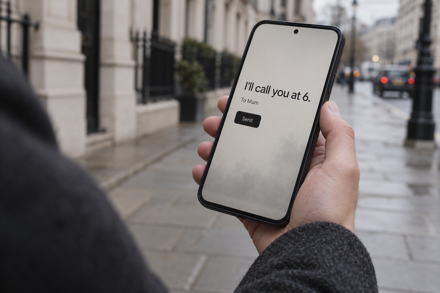 Concept visual of a hand holding Pale on a quiet city street, with a message to Mum awaiting approval.